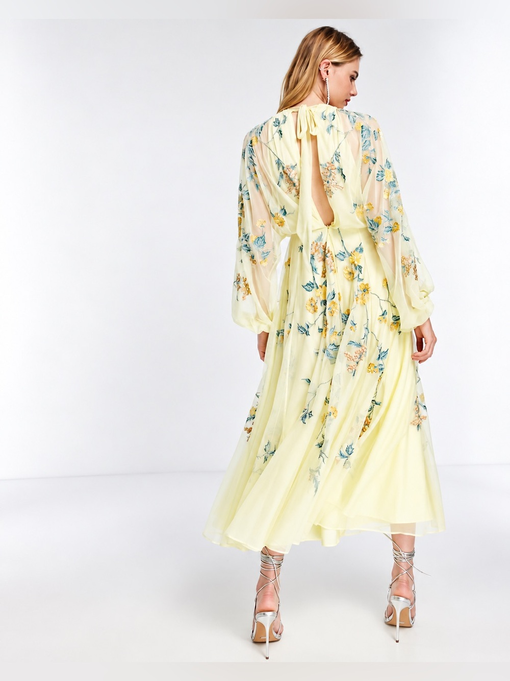 ASOS EDITION floral embroidered mesh midi dress with blouson sleeves in lemon